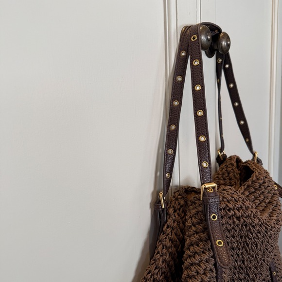 Lauren Ralph Lauren Brown Crochet Paper Straw Hobo Shoulder Bag Tote Large - Picture 3 of 13